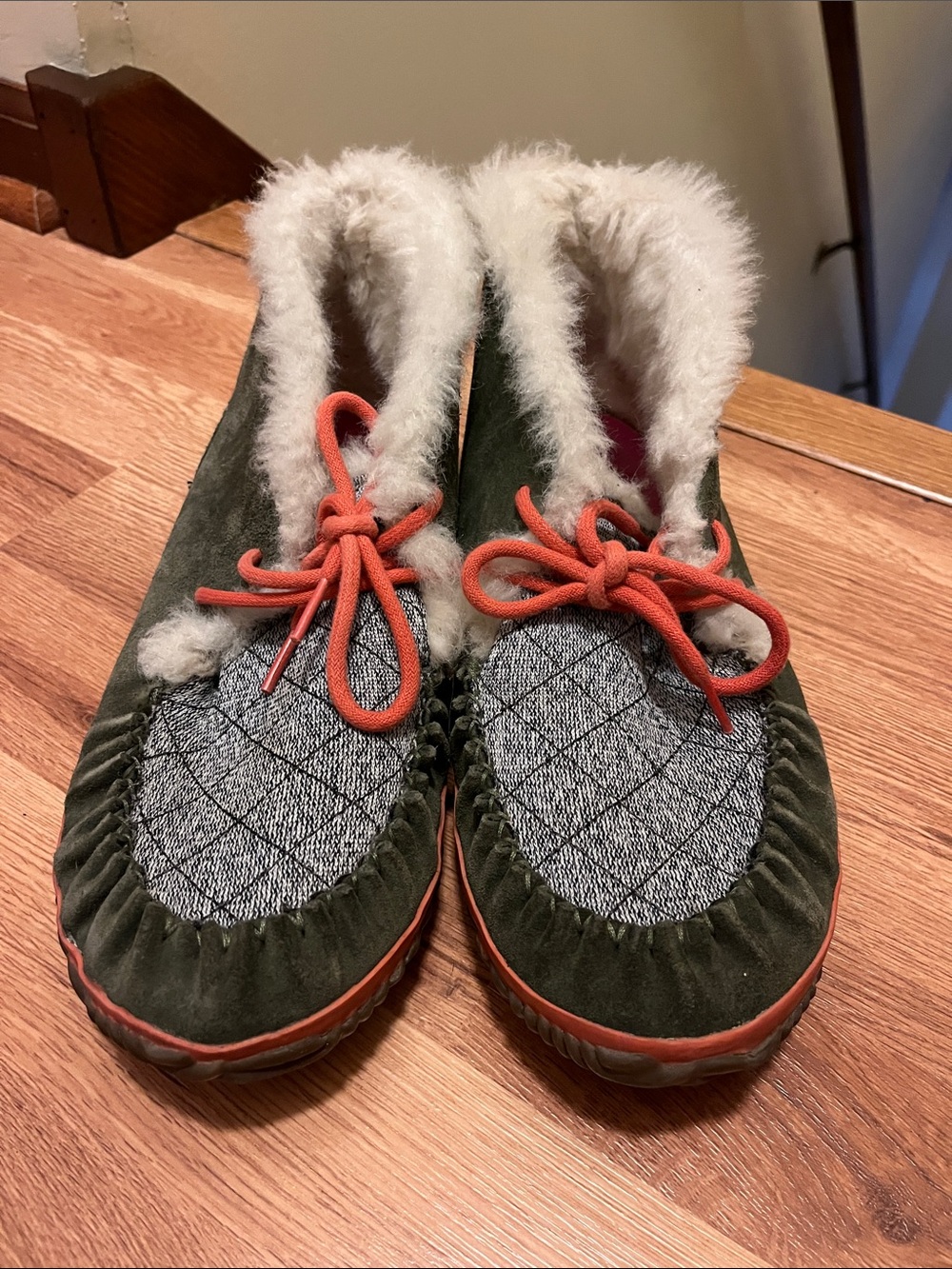 Sorel Olive Green and Coral Faux-Fur Lined Moccasins